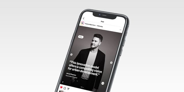 A phone screen shows a Fraser and Partners Instagram post quoting associate director Jarryd Pearson on urban development.