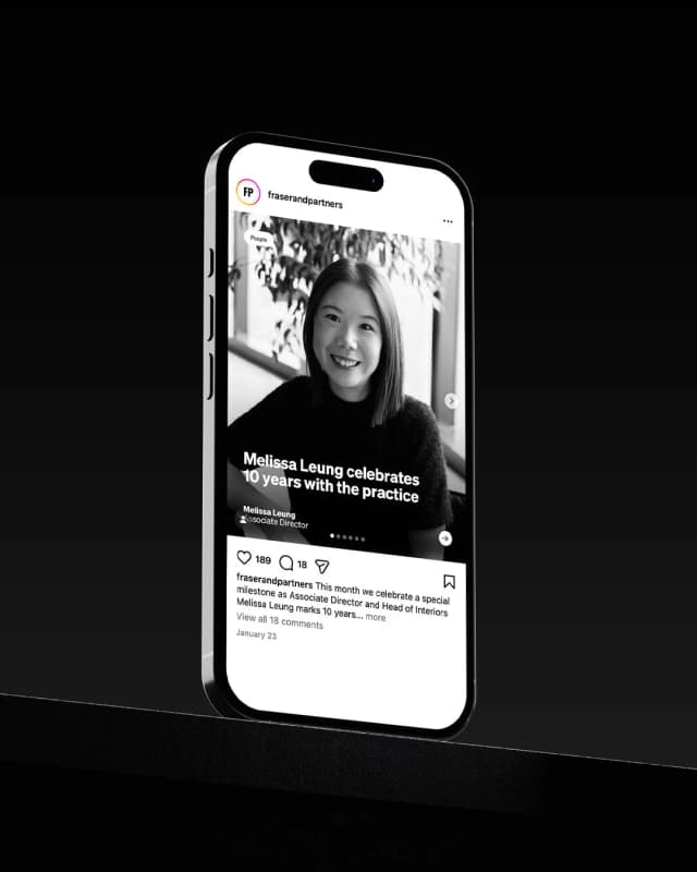Phone mockup on a dark backdrop showing a branded Instagram post with comments and engagement metrics.