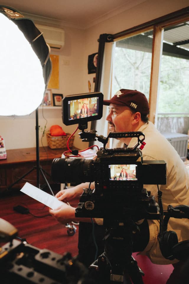 A Lucky Boy director running through interview questions behind the camera