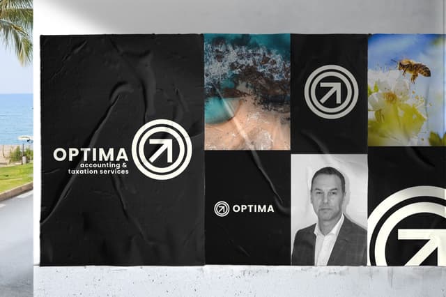 A poster wall mockup displays the Optima Accounting & Taxation Services logo alongside beach, nature, and portrait photography tiles.