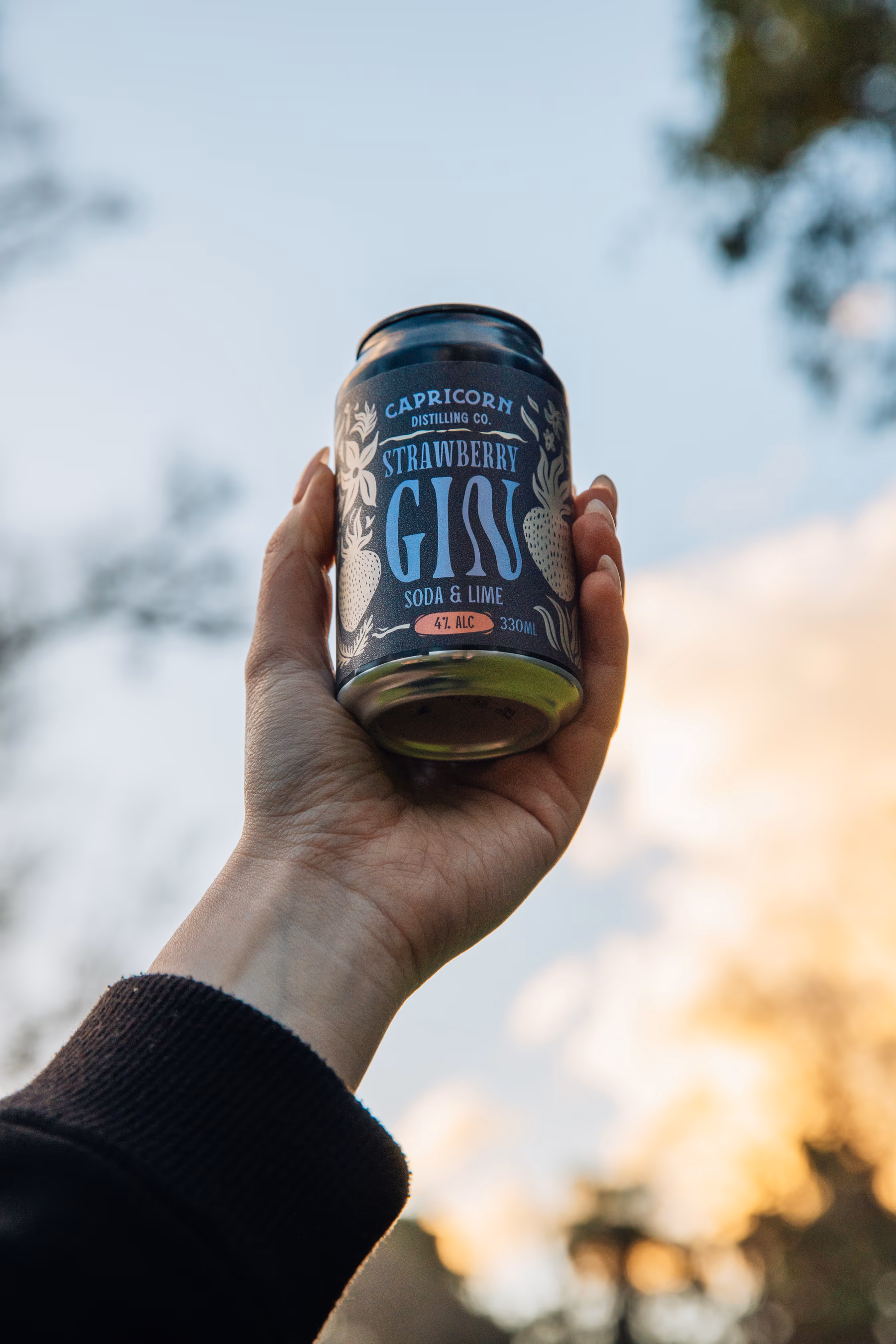 A hand raises a can of Capricorn Distilling Co Strawberry Gin soda and lime against a sunset sky.