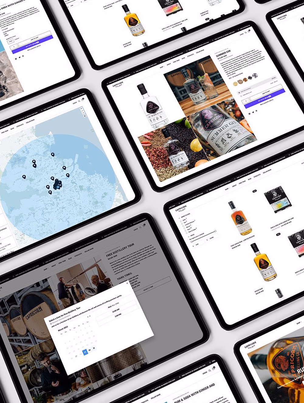 A grid of tablets displaying pages from the Capricorn Distilling Co ecommerce website.
