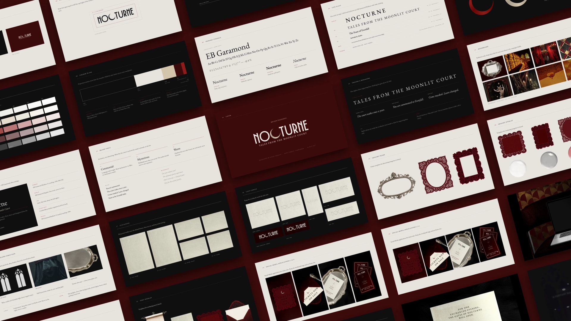 Spreads from the Nocturne brand guideline: wordmark construction, colour, the EB Garamond type scale, brand voice, imagery direction, stationery and social templates.