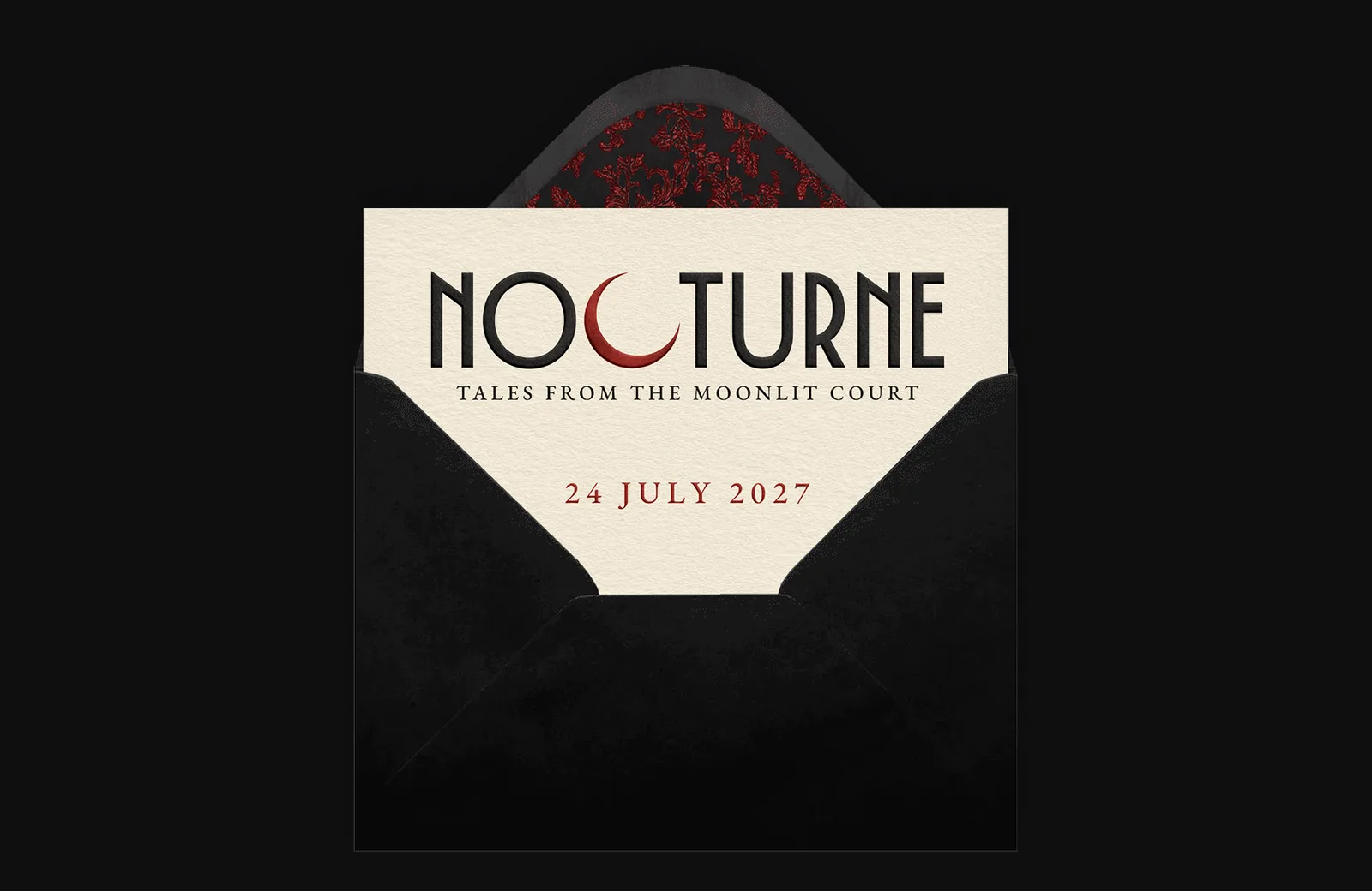 The Nocturne invitation card in bone paper emerging from a black envelope with a red damask liner, showing the wordmark and the date 24 July 2027.