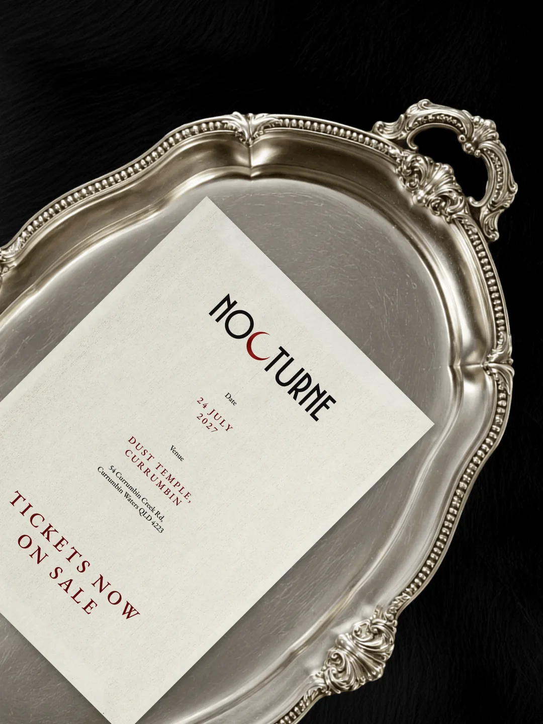 A Nocturne social ad showing the invitation on an ornate silver tray against black, with the wordmark, venue details and the words Tickets Now On Sale.