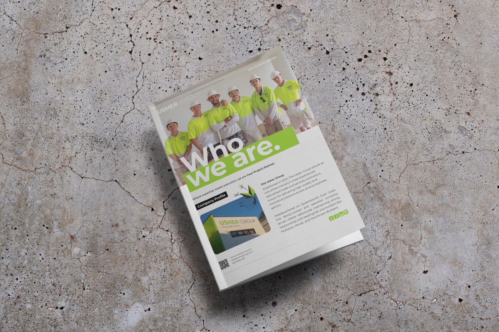 Usher Group "Who we are" booklet by Lucky Boy Agency, showing brand identity applied to print collateral.