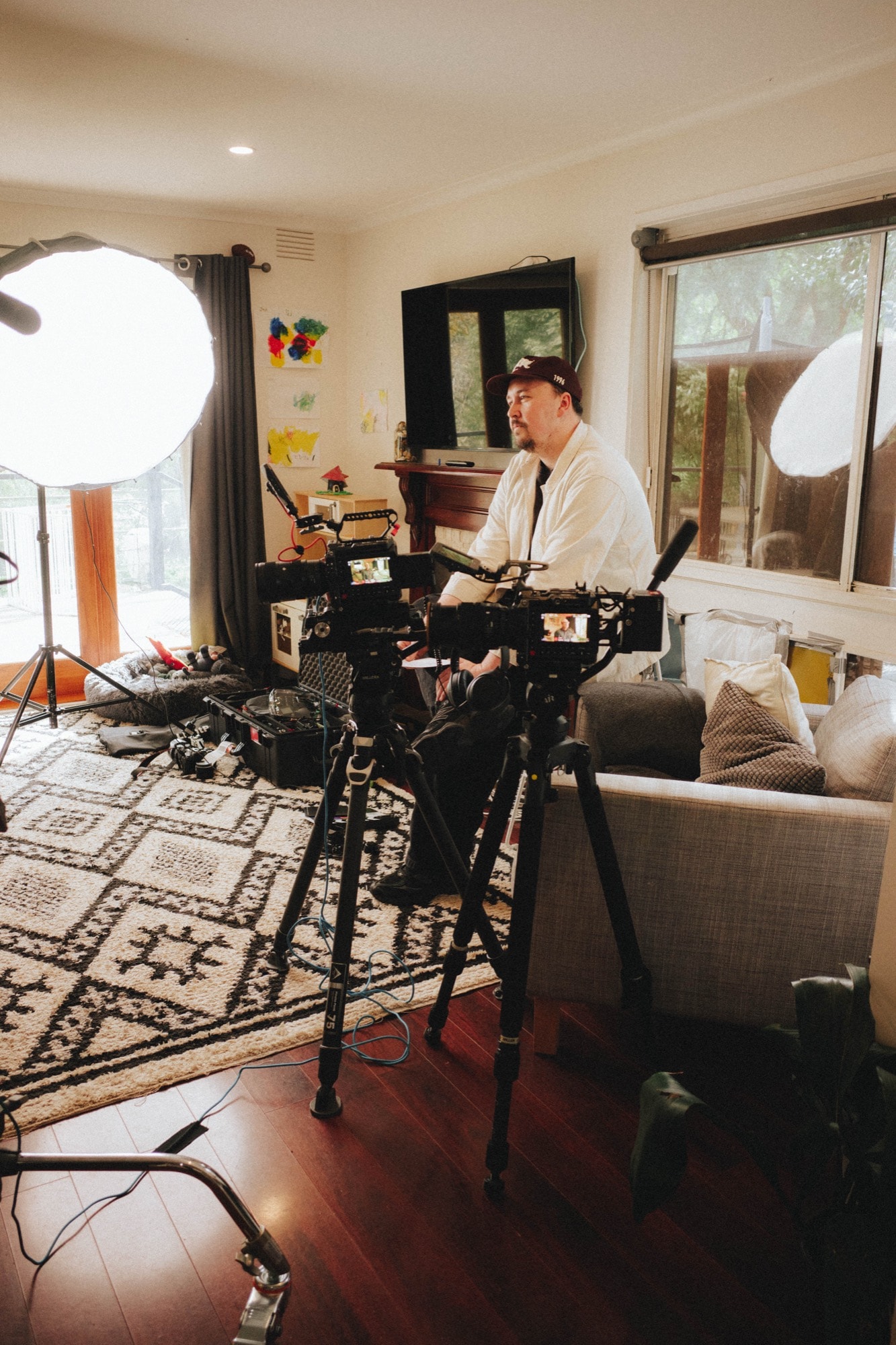 Lucky Boy camera and lighting set up on location for an interview shoot.